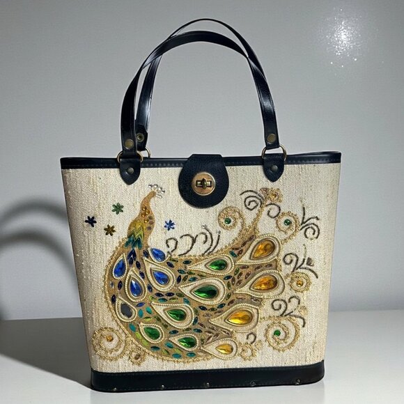 Vintage 60's Embellished Jeweled Peacock Box Bag Handbag - Picture 2 of 12